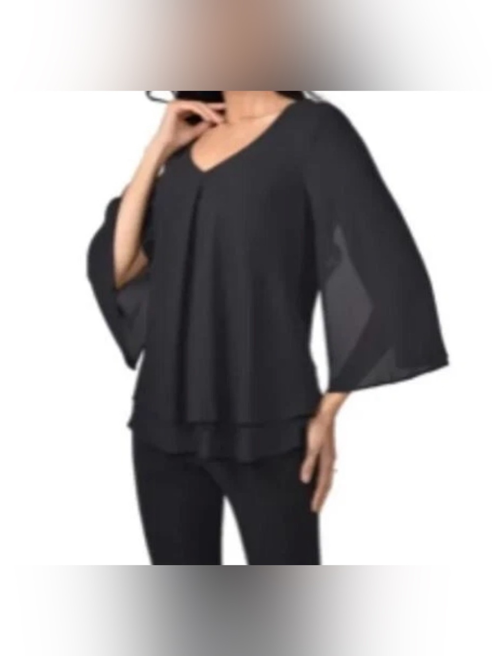 Frank Lyman Black Layered V-Neck Flutter 3/4 Sleeve Top